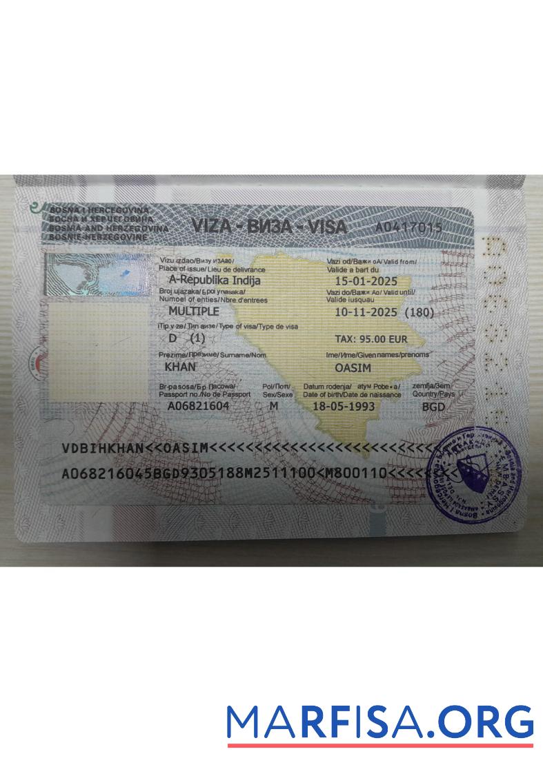 Printable Bosnia and Herzegovina travel visa with passport page sample